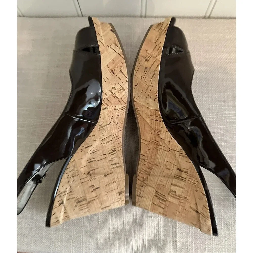 Marc Fisher Brown Patent Faux Leather Cork Wedges,‎ Open Toe, Size 8.5M